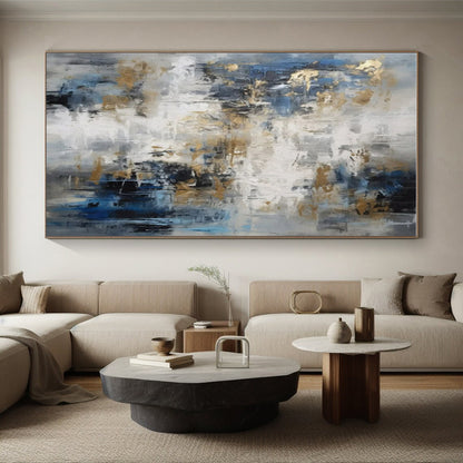 Oversized Abstract Wall Art Blue, Gold, and Gray Textured Abstract Art PT746