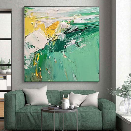 48x60 Green, Yellow & White Textured Abstract Painting On Canvas PT126