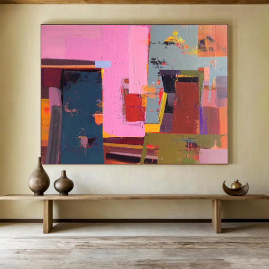 Acrylic Modern Art Paintings Pink, Teal & Brown Abstract Geometric Art HPS165