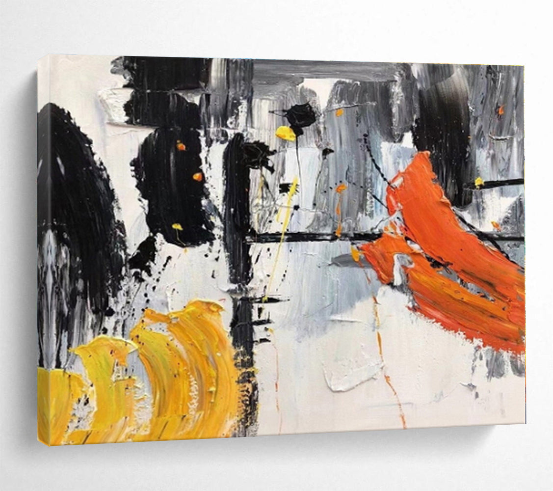 Hand-Painted Black, White, Orange & Yellow Dynamic Abstract On Canvas HPS061