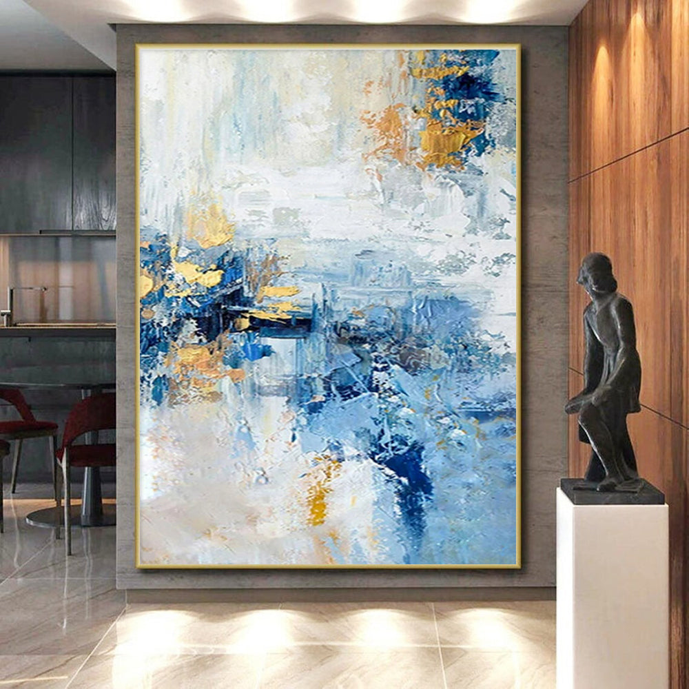 Cool Abstract Paintings Blue and Gold Abstract Textured Composition, Large Painting In Living Room PT538
