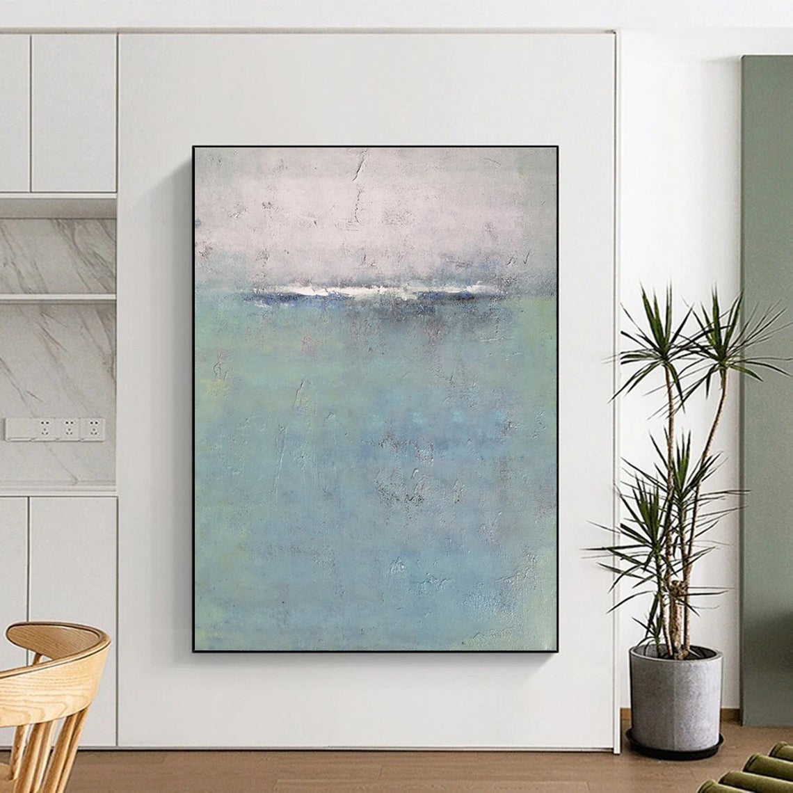Hand-Painted Blue, Gray, and White Abstract Seaside Art DPS456