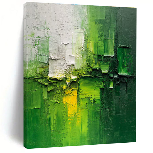 Hand-Painted Green and White Textured Abstract Painting with Yellow Accents, Acrylic Modern Art PT201