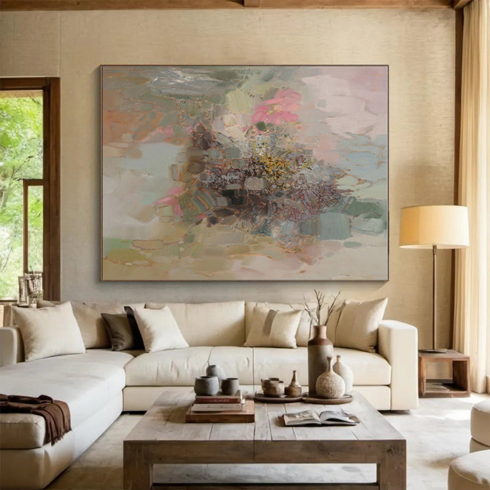 Cool Abstract Paintings Pink, Green, and Beige Floral Abstract Art PT714