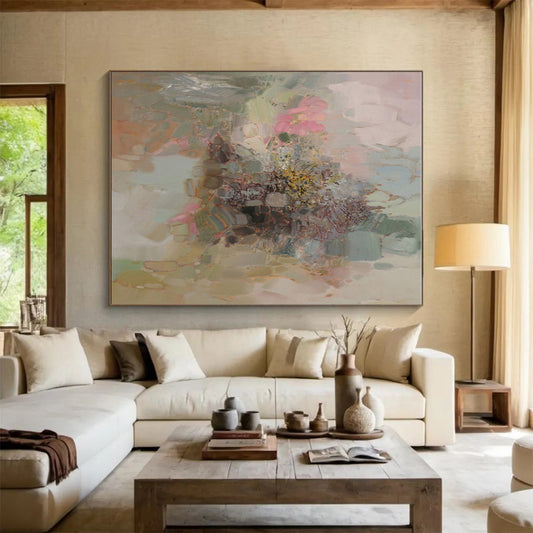 Cool Abstract Paintings Pink, Green, and Beige Floral Abstract Art PT714