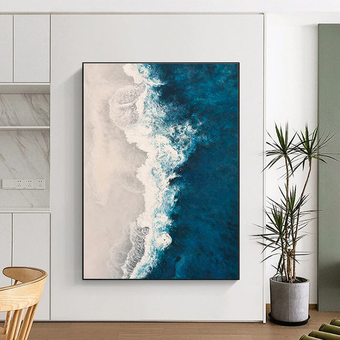 Unique Abstract Art Blue, White, and Beige Textured Sea Abstract Art PT774