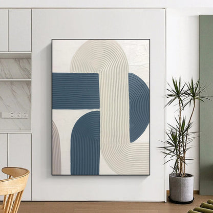 Modern Art Acrylic Blue & Beige Geometric Abstract Painting On Canvas PT029