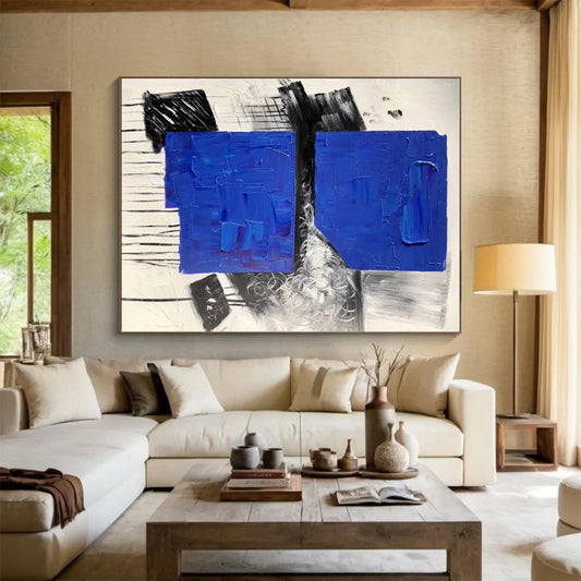 Hand Painted Art Blue Black White Textured Abstract Art PT411