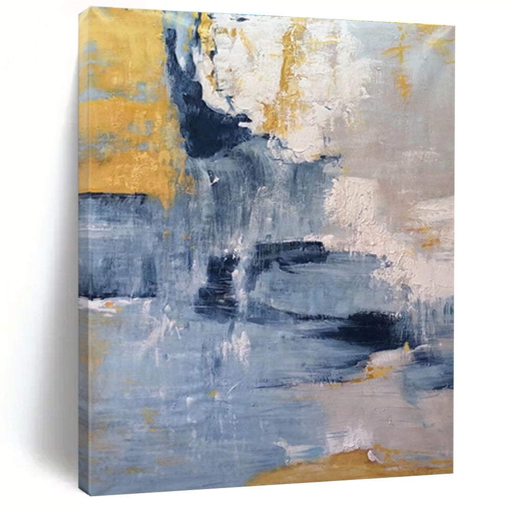 Modern Art Acrylic in Blue, Grey, Yellow, and White Abstract Textural Layers PT248
