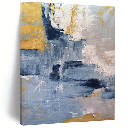 Modern Art Acrylic in Blue, Grey, Yellow, and White Abstract Textural Layers PT248