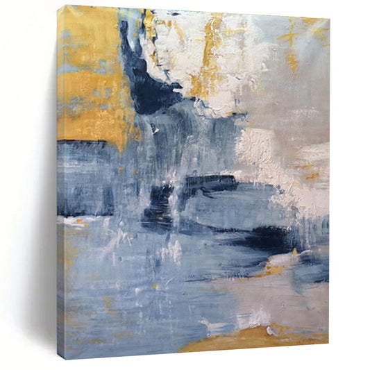 Modern Art Acrylic in Blue, Grey, Yellow, and White Abstract Textural Layers PT248