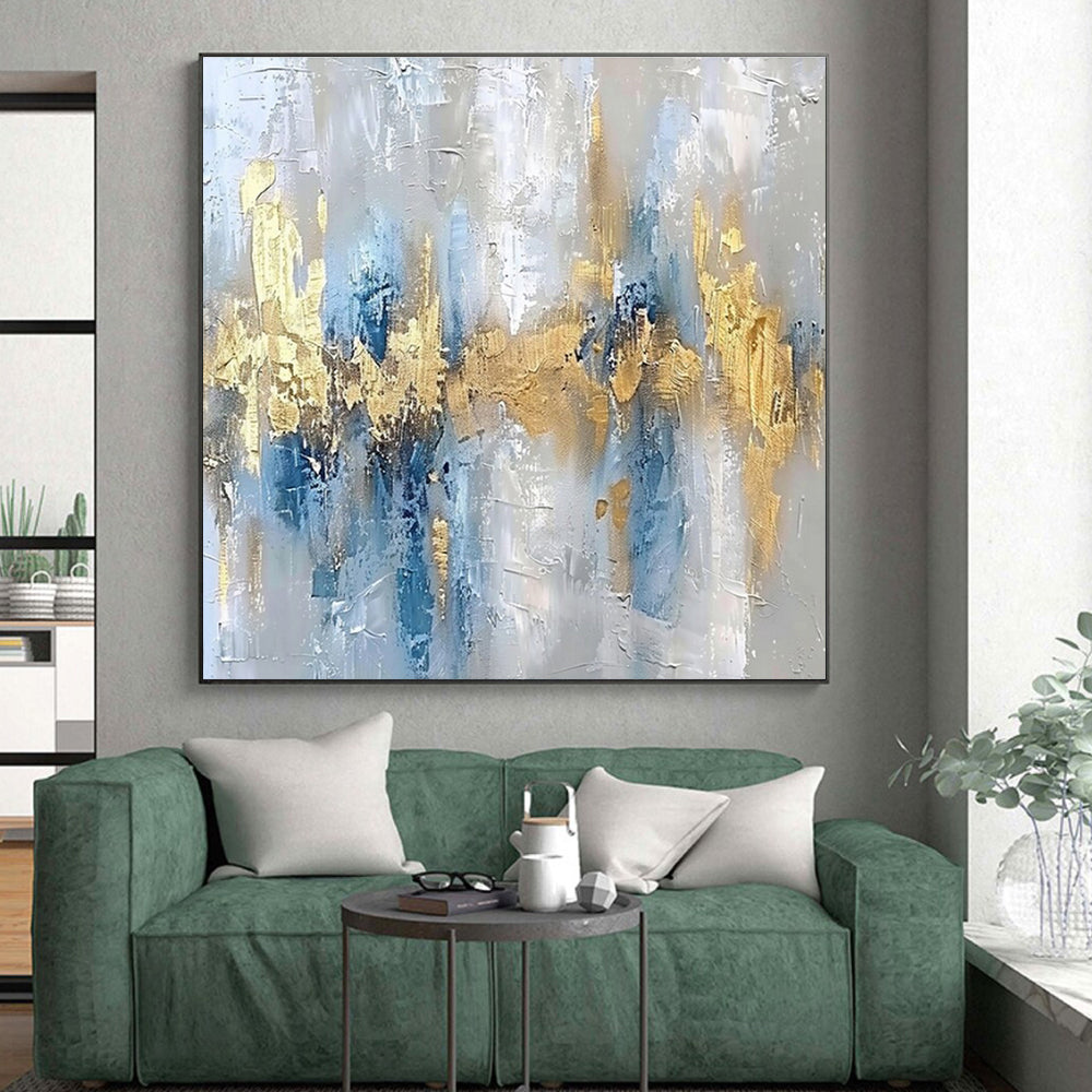 Unique Abstract Art Blue, Gold, and Gray Textured Abstract Art PT655