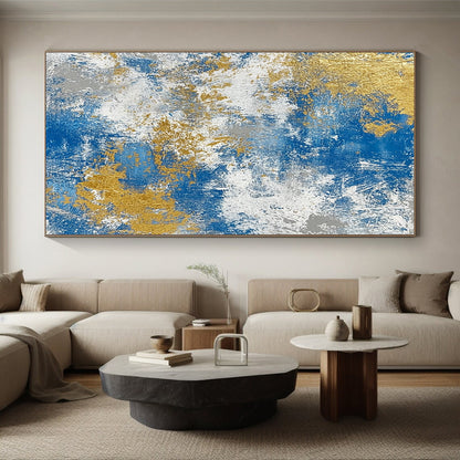 Oversized Abstract Wall Art Blue, Gold & Gray Textured Abstract Painting On Canvas PT118