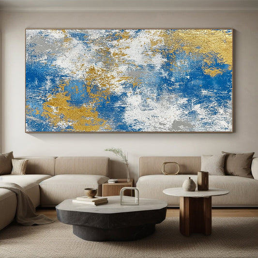 Oversized Abstract Wall Art Blue, Gold & Gray Textured Abstract Painting On Canvas PT118