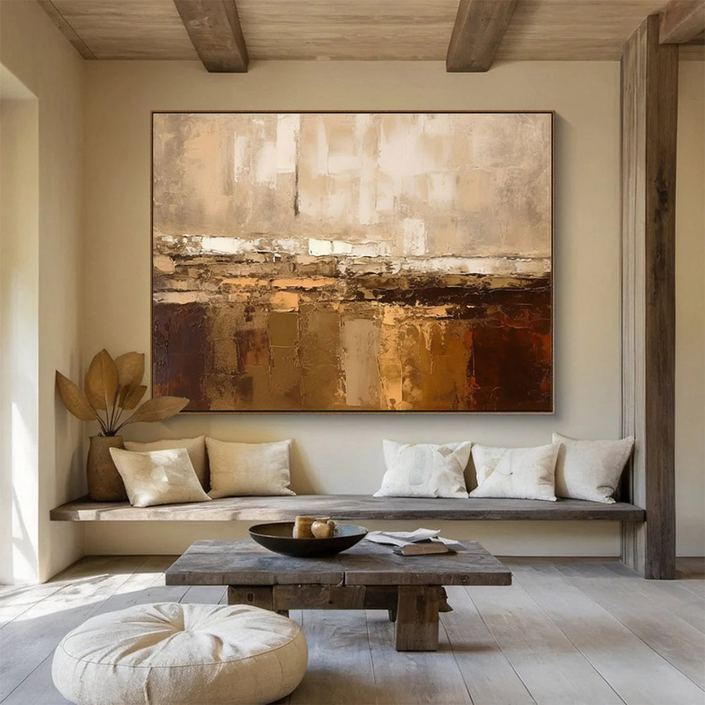 Large Painting In Living Room Beige and Brown Textured Abstract Landscape Art HPS335