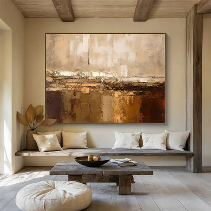 Large Painting In Living Room Beige and Brown Textured Abstract Landscape Art HPS335