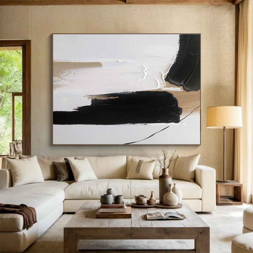 Large Painting In Living Room Black, White, and Beige Abstract Minimalist Art HPS355