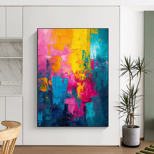 Acrylic Modern Art Paintings in Vibrant Pink, Yellow, Teal, and Blue PT224