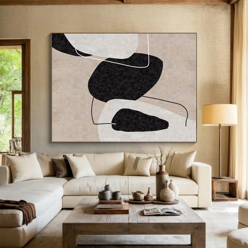Minimalist Canvas Art Black, Beige, and White Organic Abstract Art PT691