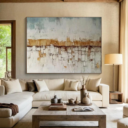 Hand-Painted Beige, Blue & White Textured Cityscape Abstract Painting HPS241