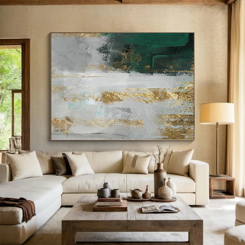 Unique Abstract Art Green, Gold & Gray Textured Abstract Painting On Canvas PT085