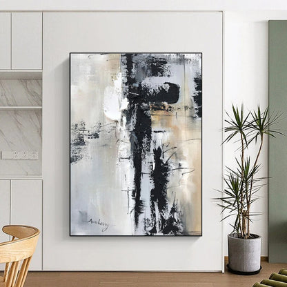 Large Contemporary Wall Art Black White Gray Abstract Textured Acrylic Art PT469