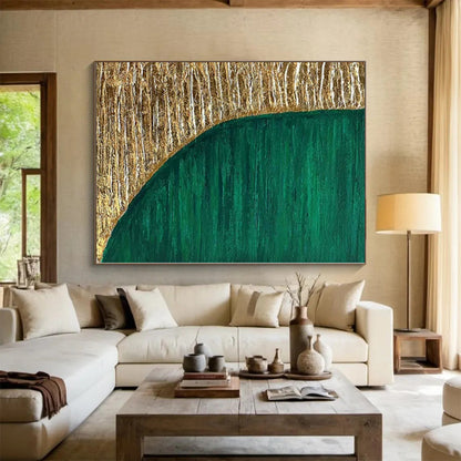 Large Size Green & Gold Textured Abstract Painting On Canvas PT048
