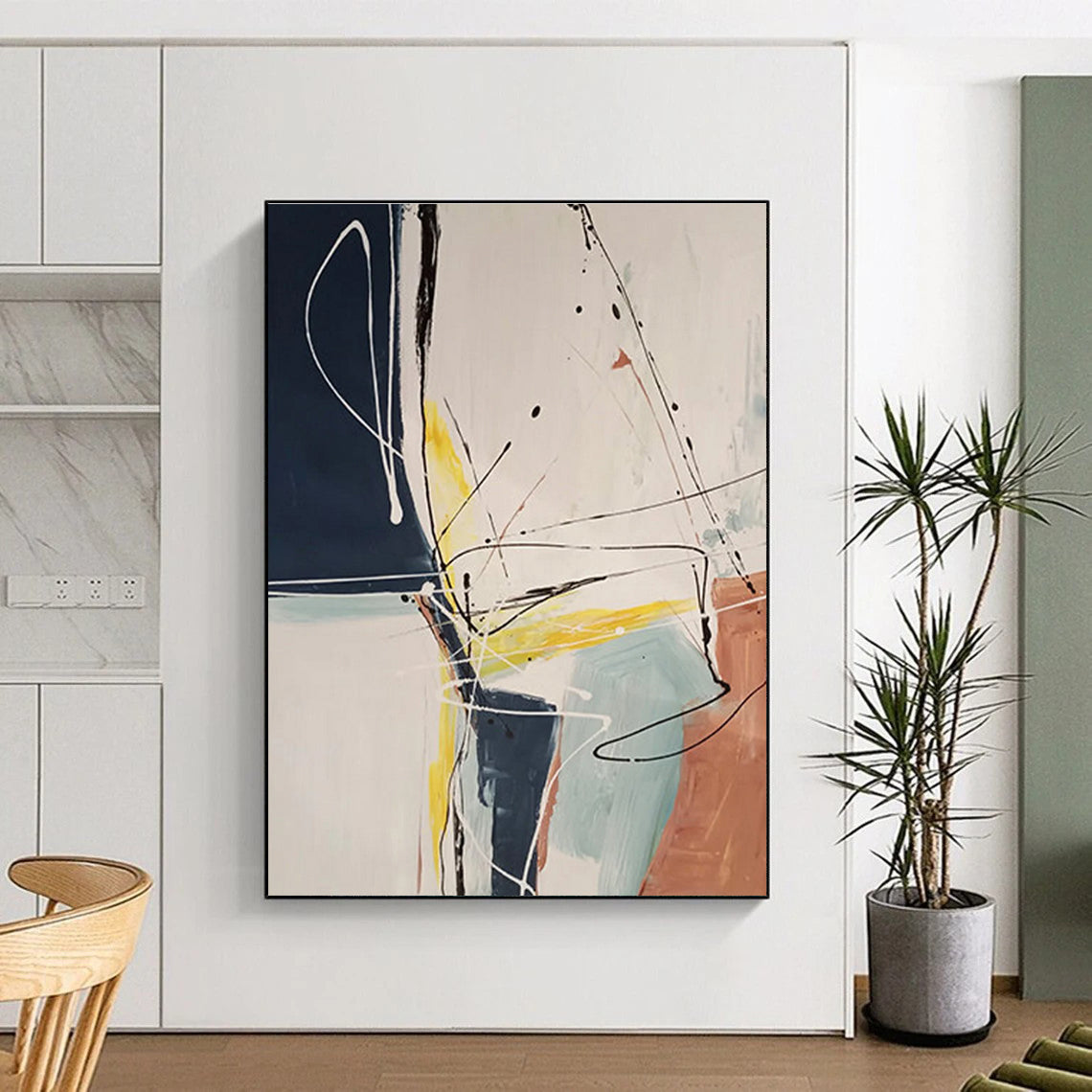 Hand-Painted Navy, Yellow, Beige, and Coral Abstract Painting with Dynamic Lines, Acrylic Modern Art PT211
