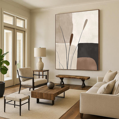 Abstract Canvas Wall Art Large, Beige Brown Black Minimalist Plant Abstract Art PT135