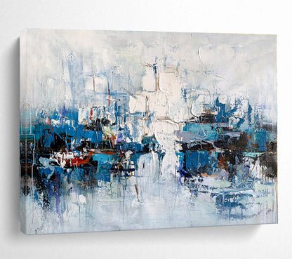 Large Contemporary Wall Art Blue & White Urban Abstract On Canvas HPS055