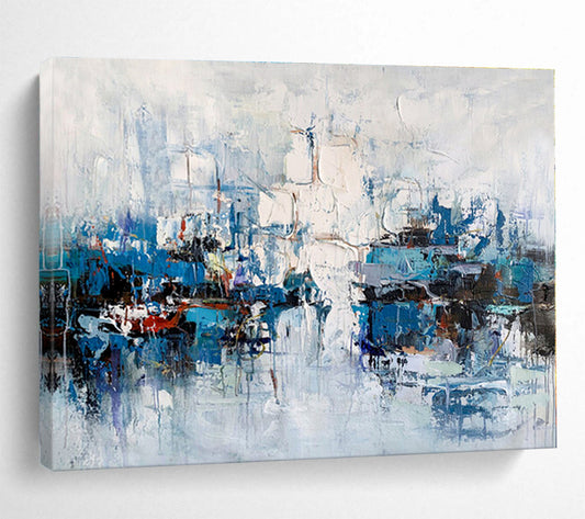 Large Contemporary Wall Art Blue & White Urban Abstract On Canvas HPS055