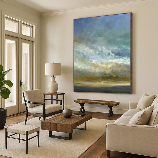 Hand-Painted Blue and Beige Sky and Horizon Abstract Landscape Painting DPS416
