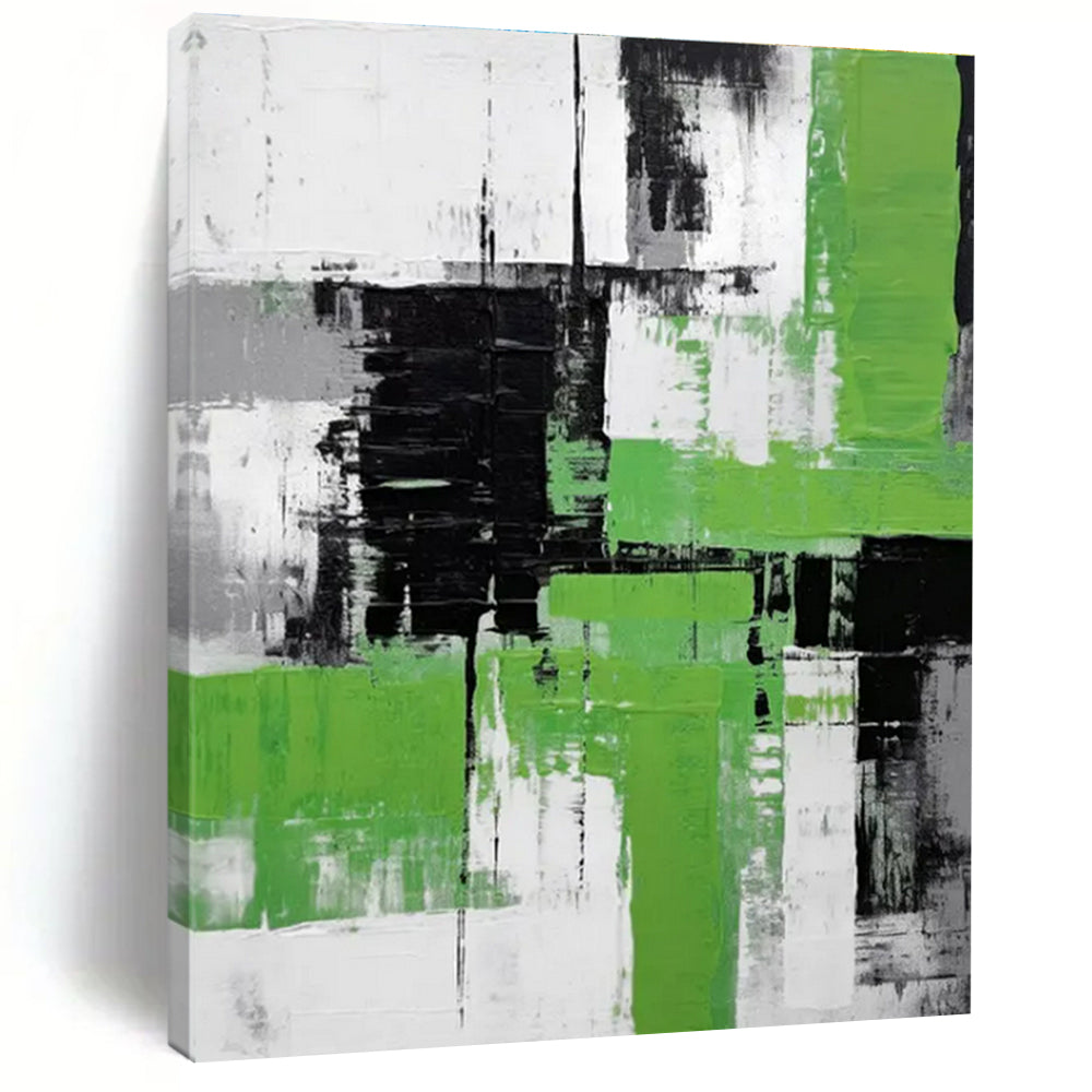 Cool Abstract Paintings Green, Black, White, and Gray Geometric Abstract Art PT796