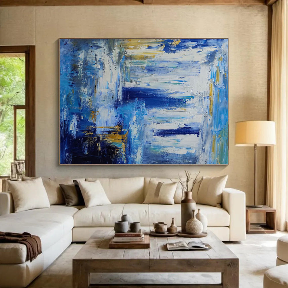 Unique Abstract Art Blue, White & Gold Textured Waterfall Abstract Painting On Canvas PT065