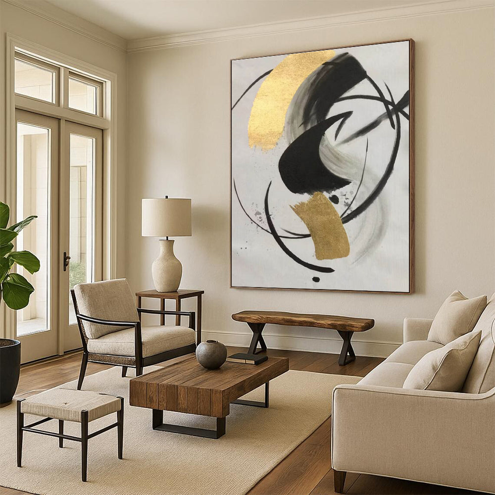 Modern Art Acrylic Black Gold White Abstract Art PT388