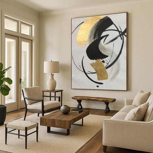 Modern Art Acrylic Black Gold White Abstract Art PT388