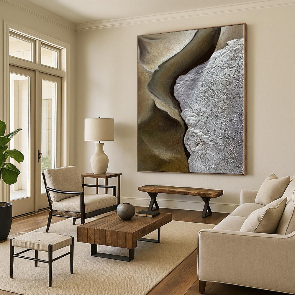 Large Size Abstract Painting with Beige and Gray Textured Forms, Large Painting In Living Room PT008