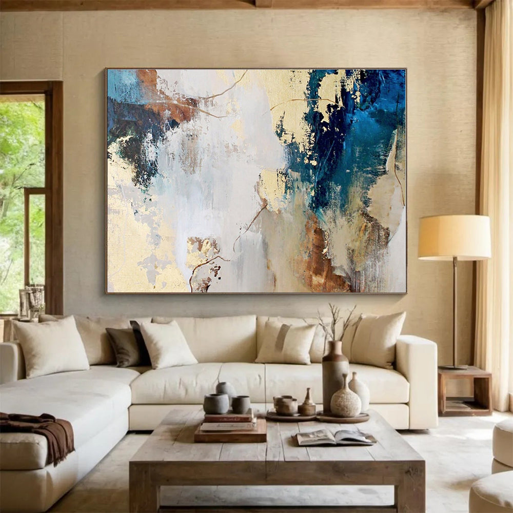 Hand Painted Art Blue, Beige & Gold Textured Abstract On Canvas HPS044