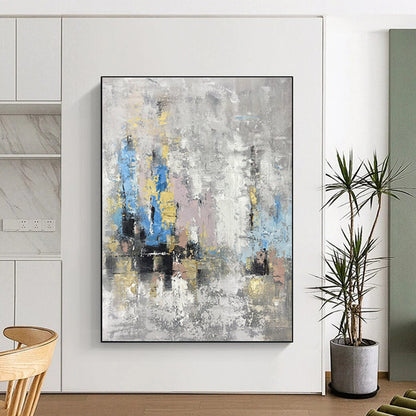 Hand Painted Art in Grey, Blue, Yellow, Pink, and Gold Abstract Textural Layers PT244