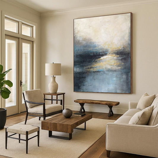 Acrylic Modern Art Paintings Blue, Gray, and Gold Textured Landscape Abstract Art PT713