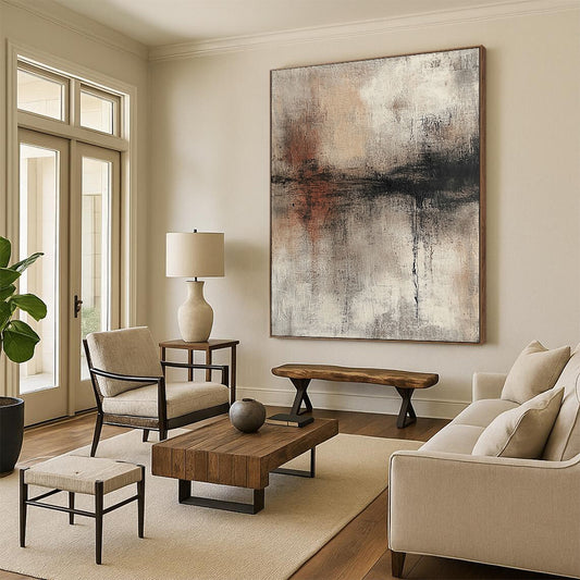 Large Abstract Painting For Living Room, Beige Gray Black Abstract Textured Art PT131