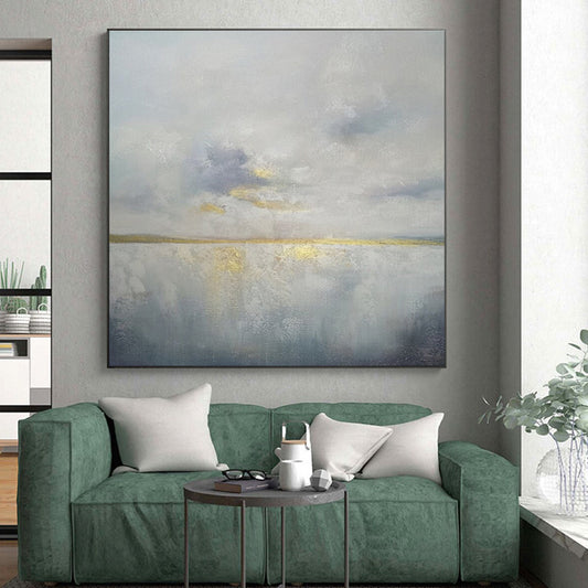 Large Size Gray, Blue, and Gold Textured Landscape Abstract Art PT773