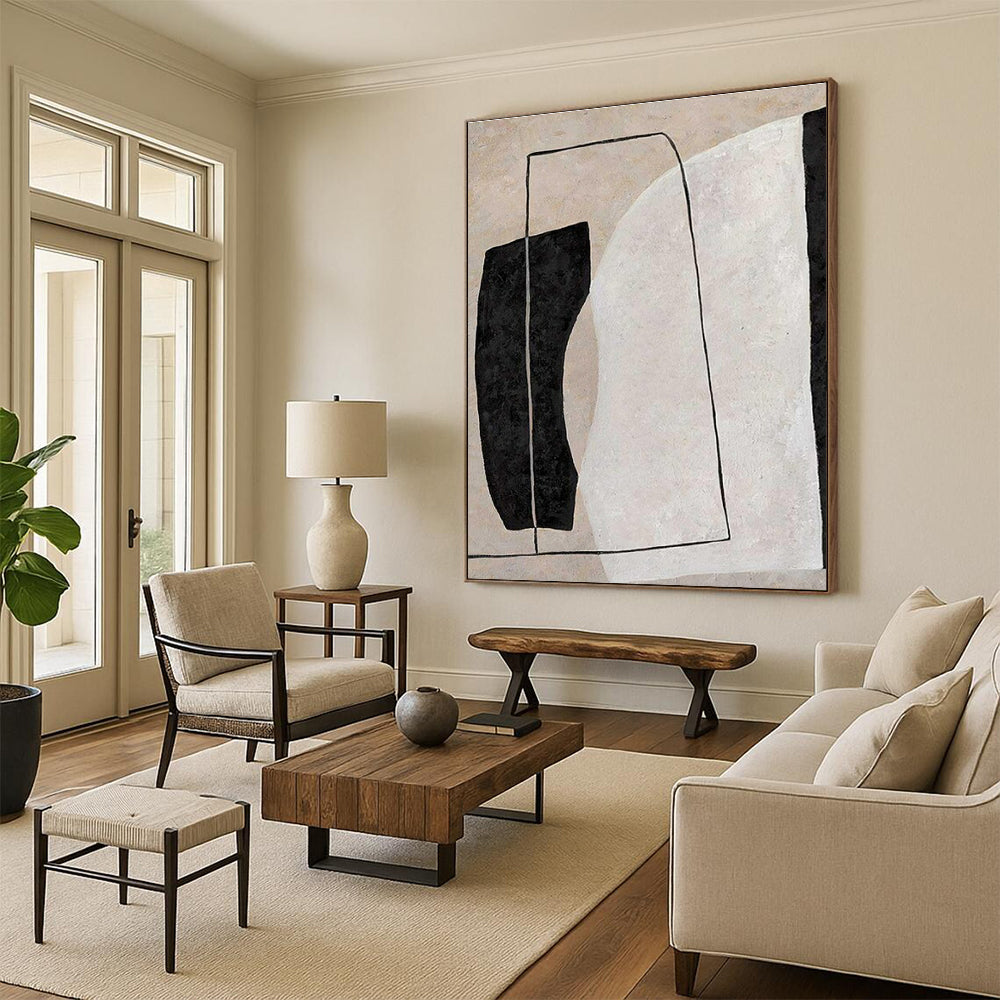 Hand-Painted Black, Beige, and White Geometric Abstract Art PT692