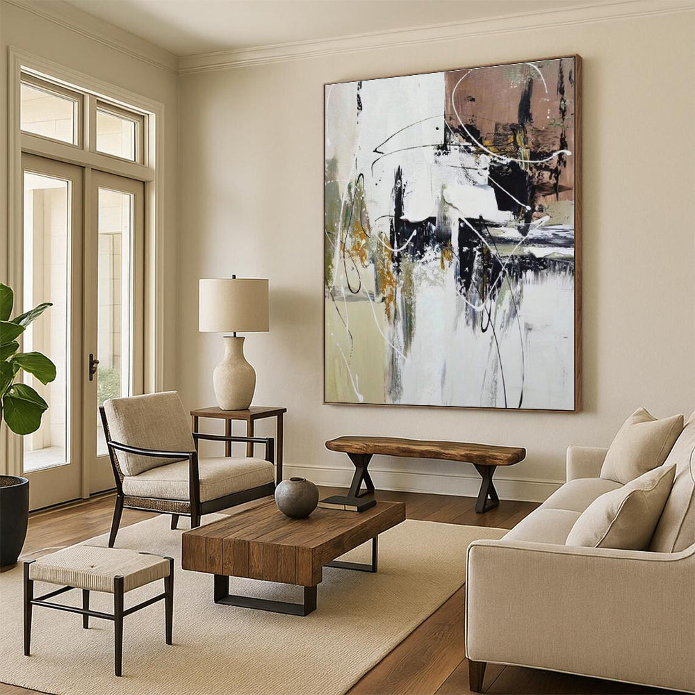 Cool Abstract Paintings Black White Beige Dynamic Abstract Acrylic Art PT348