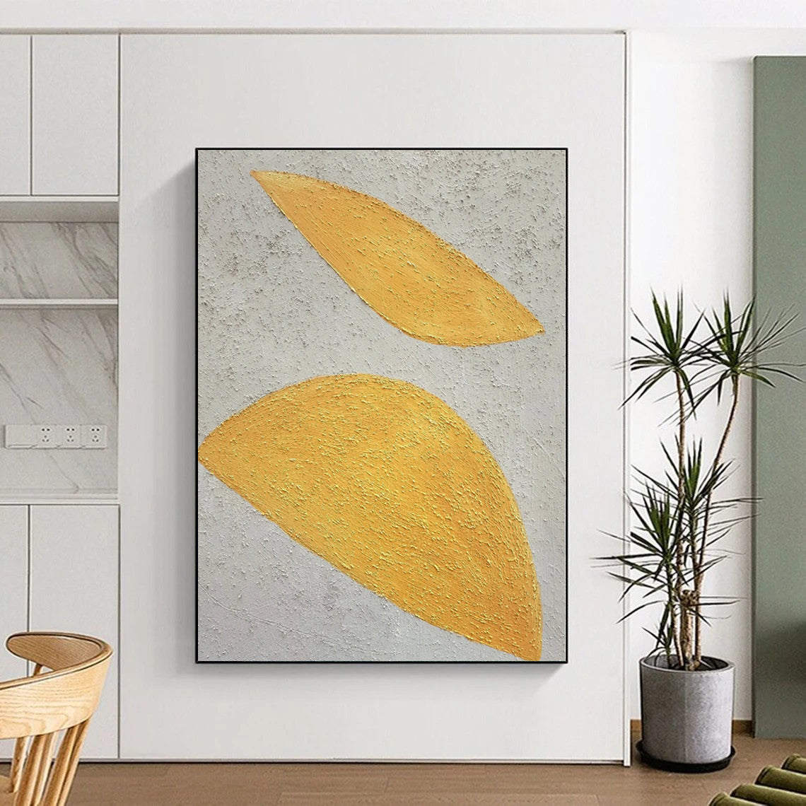 Hand Painting Yellow & Gray Textured Leaf Abstract Painting On Canvas PT022