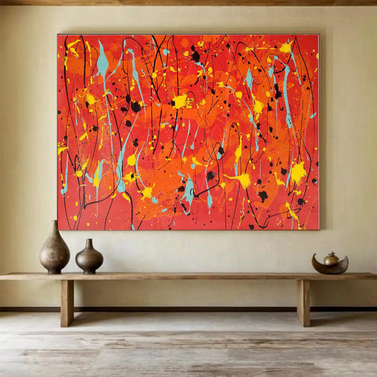 Hand Painted Art Vibrant Red, Orange, Yellow & Teal Splatter Abstract Painting On Canvas HPS075
