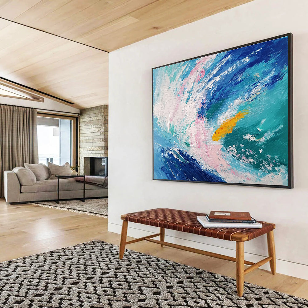 Paintings For House Blue, Pink, White & Yellow Abstract Coastal Painting With Fish HPS289
