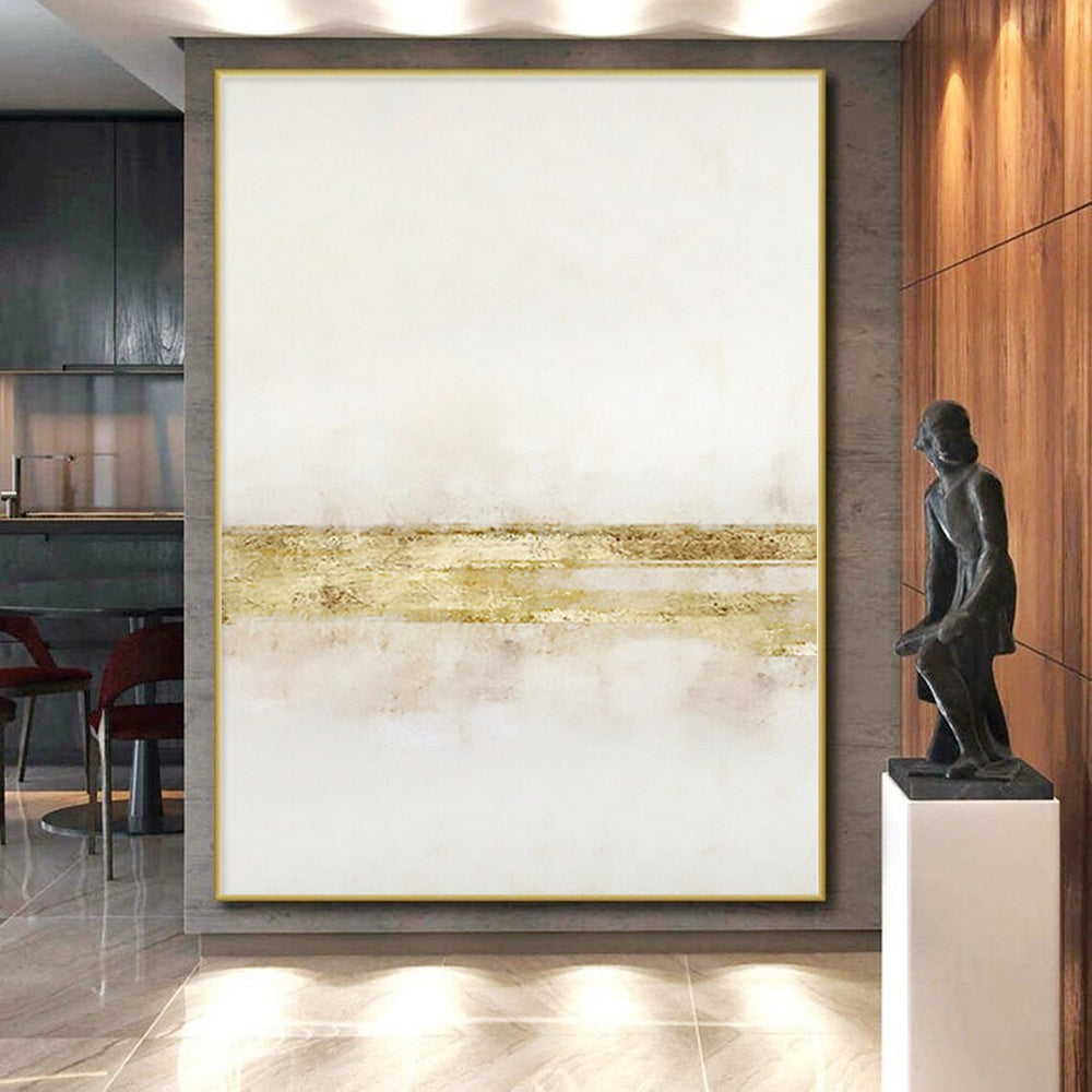 Hand-Painted White & Gold Textured Minimalist Abstract Painting On Canvas PT091