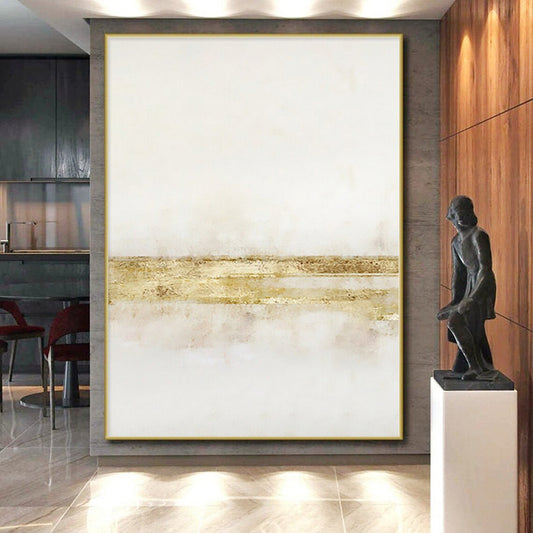 Hand-Painted White & Gold Textured Minimalist Abstract Painting On Canvas PT091