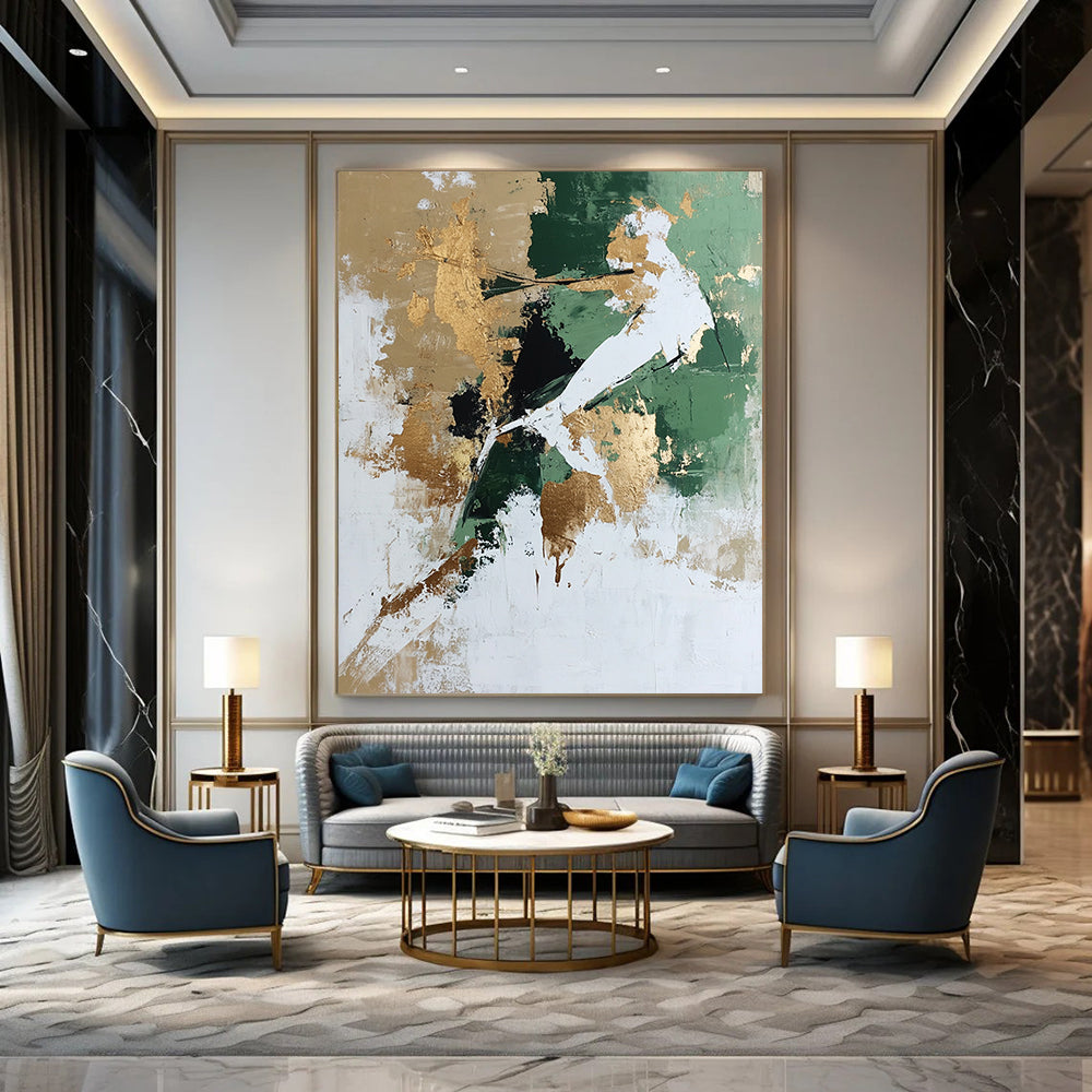 Unique Abstract Art Green, Gold, and White Abstract Geometric Painting DPS434